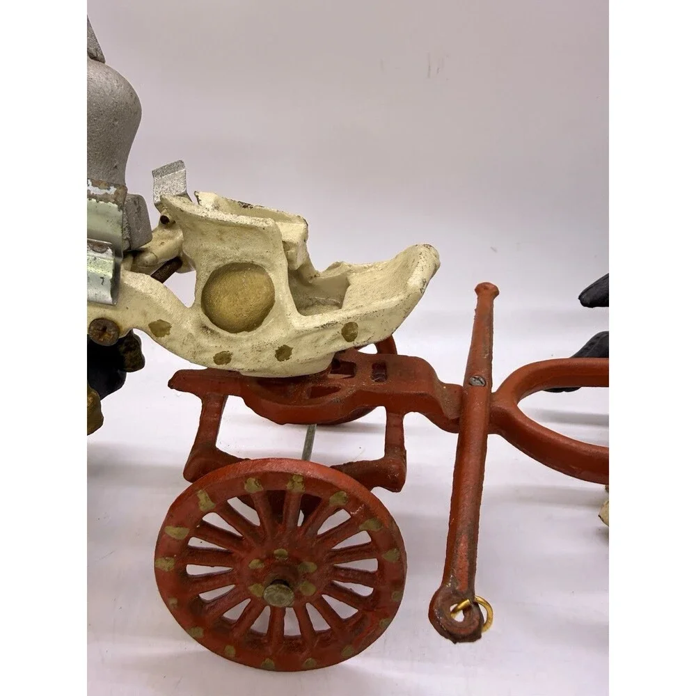 Vintage Cast Iron 3 Horse Drawn Fire Red Wagon Steam Pumper Toy